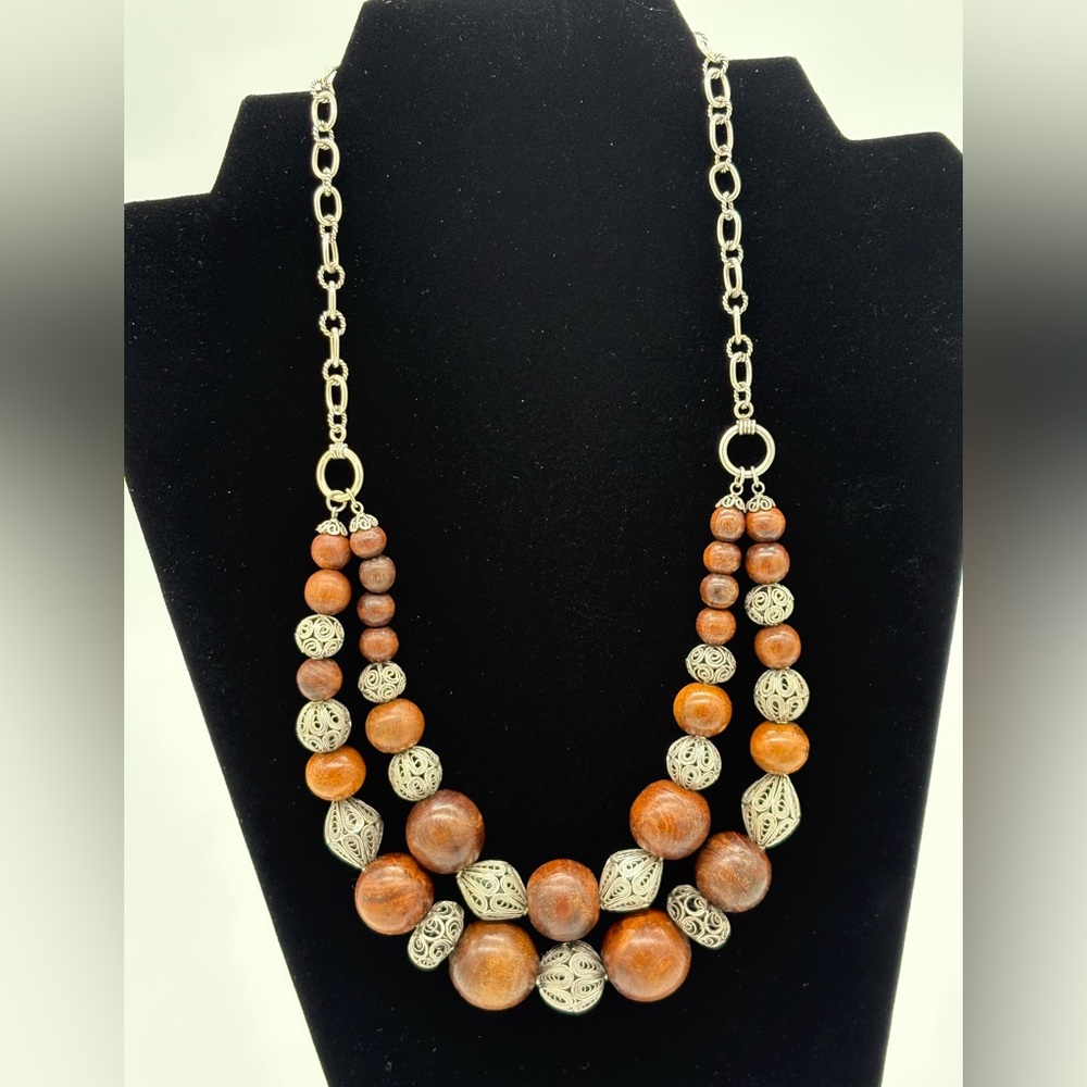 Double Layer Brown Wooden and Sterling Silver Filigree Beaded Necklace